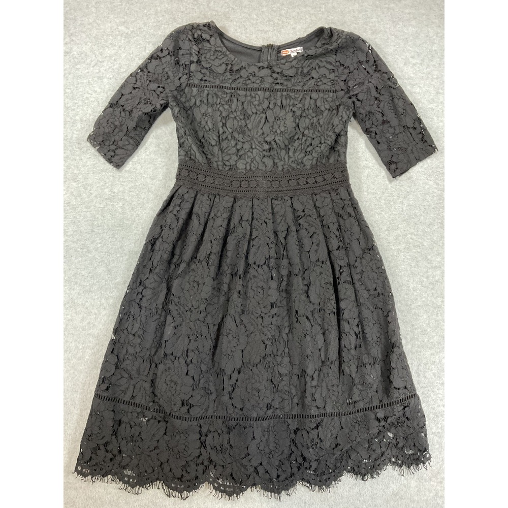 New Fashion Black Floral Lace Elbow Sleeve A-Line Cocktail Dress Medium 2858